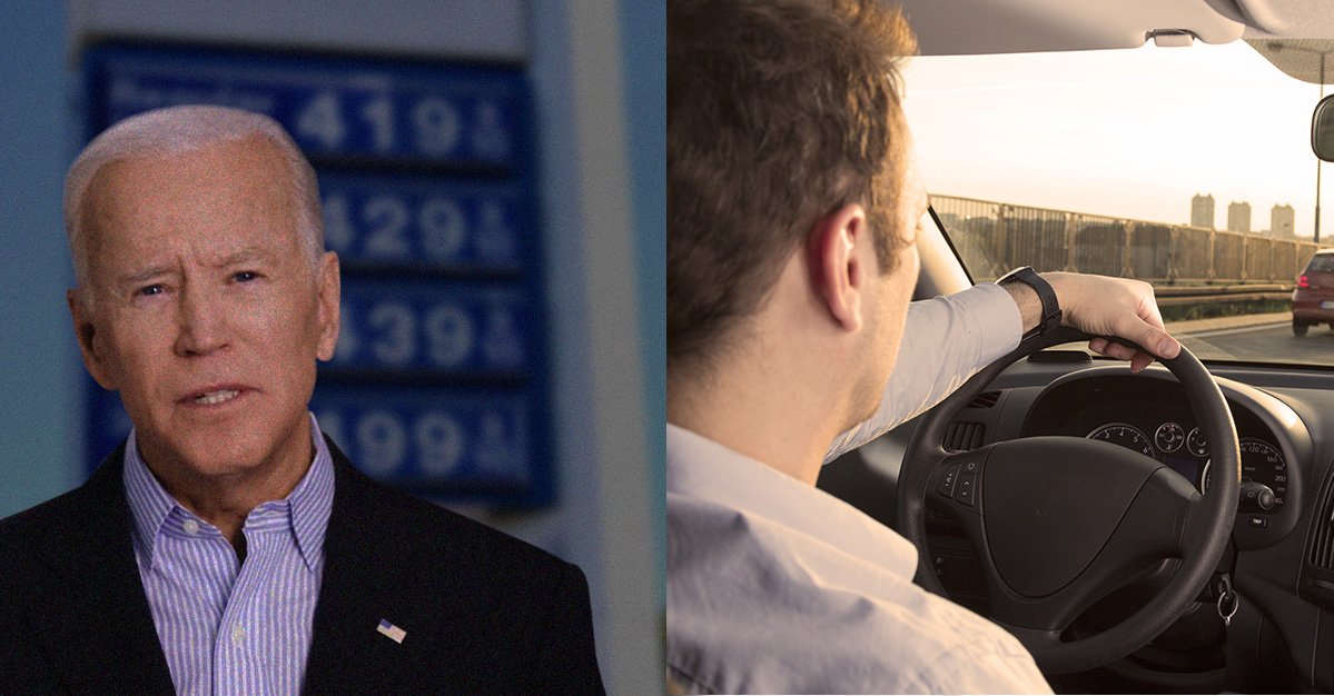 Joe Biden next to outrageous gas prices, Average joe driving on the highway